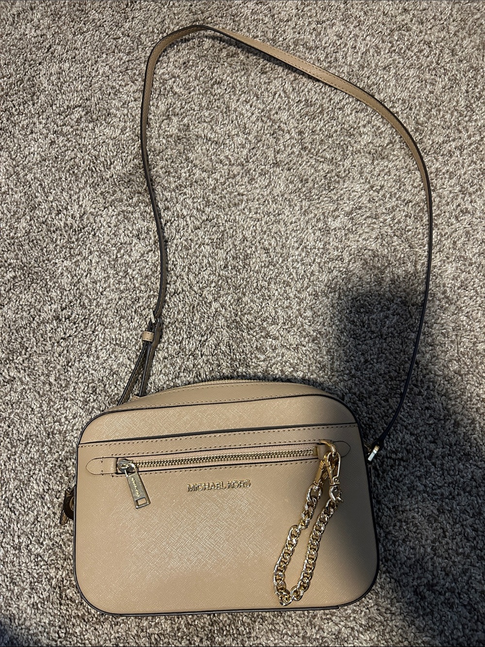 Michael Kors Tan Saffiano Crossbody with Gold Chain Accent